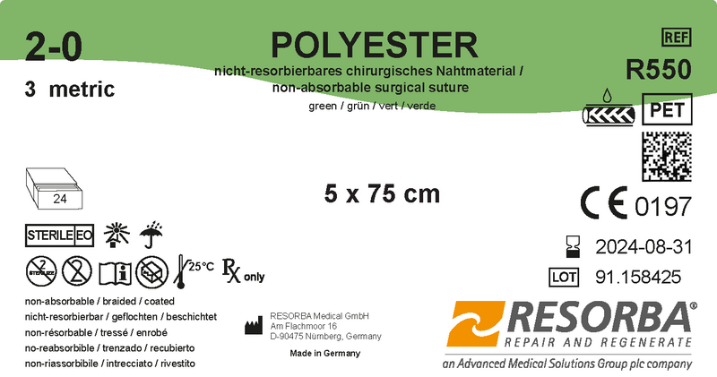 Поліестер USP 2-0 зелений, у відрізках 5шт*75см